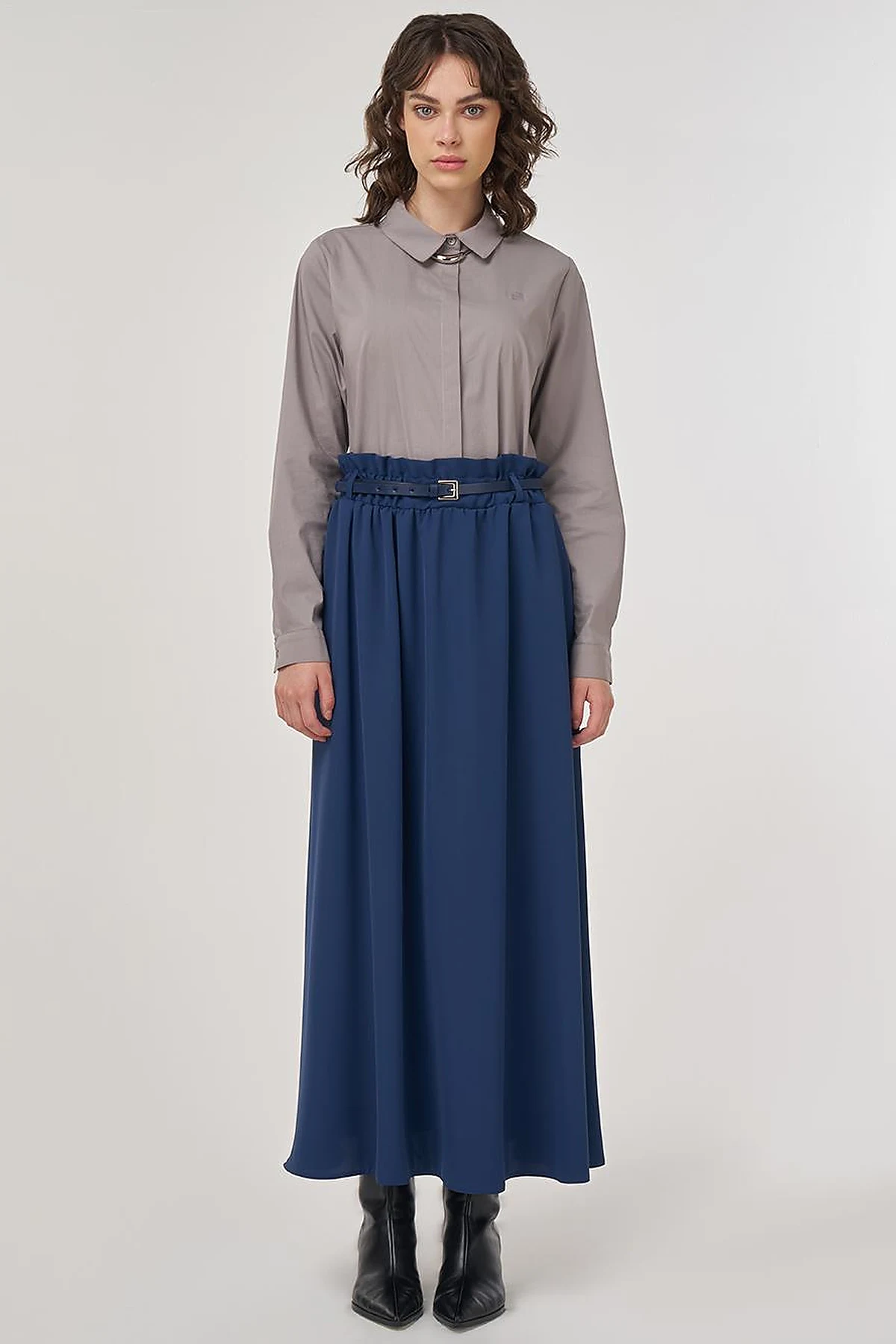 Belt Detail Flared Skirt Indigo