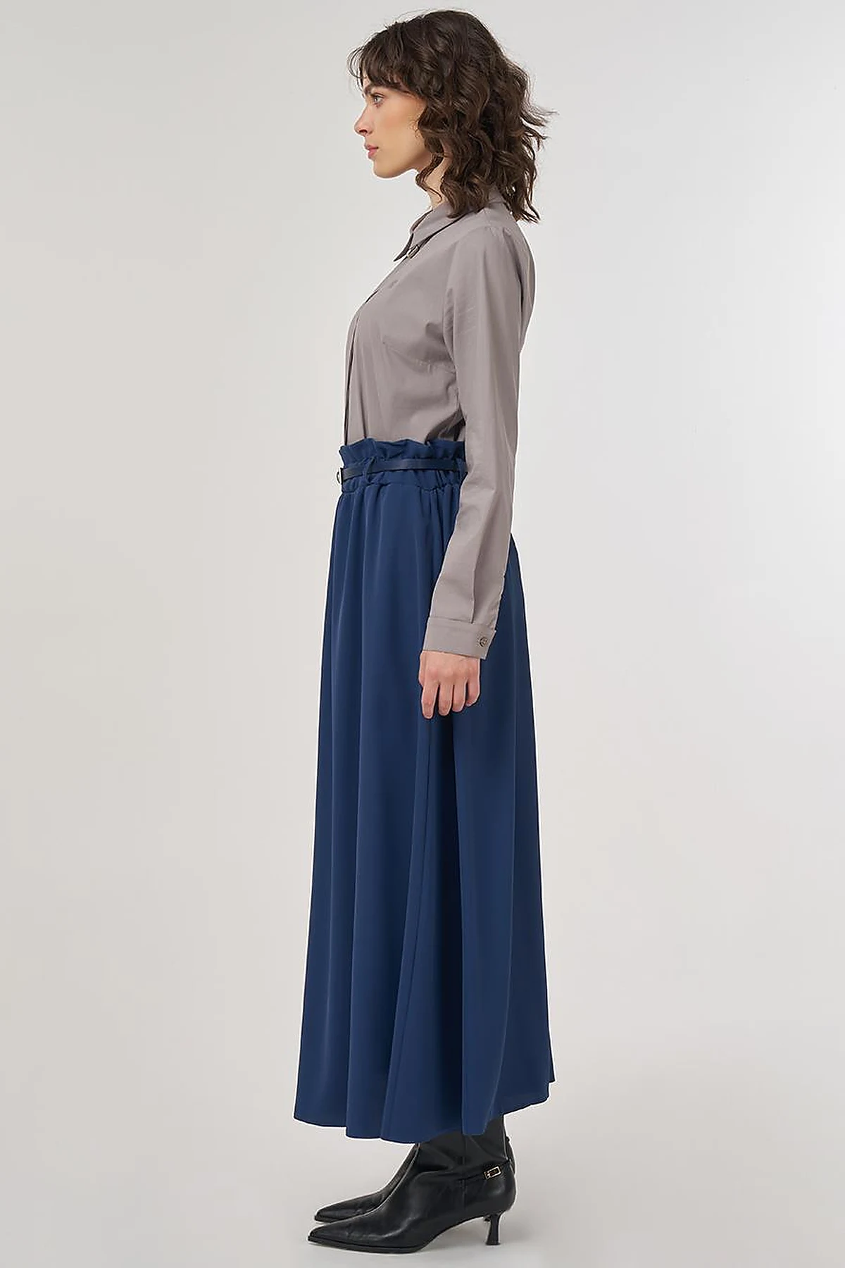Belt Detail Flared Skirt Indigo