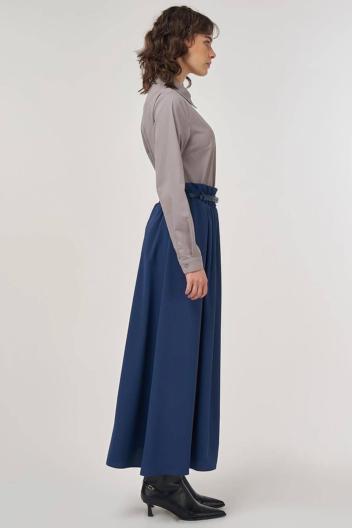 Belt Detail Flared Skirt Indigo