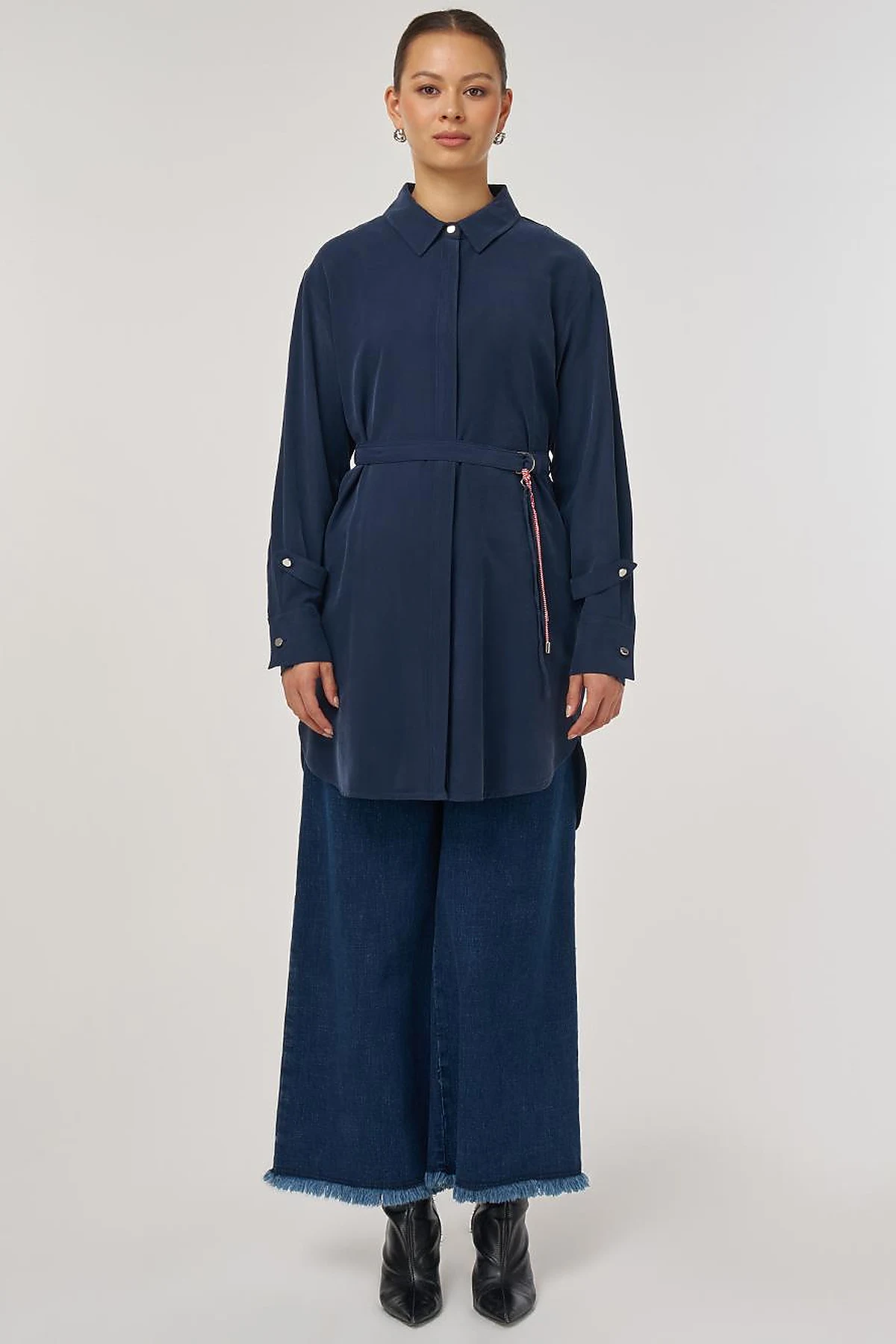 Kuşak Detaylı Rayon Tunik Koyu Lacivert 