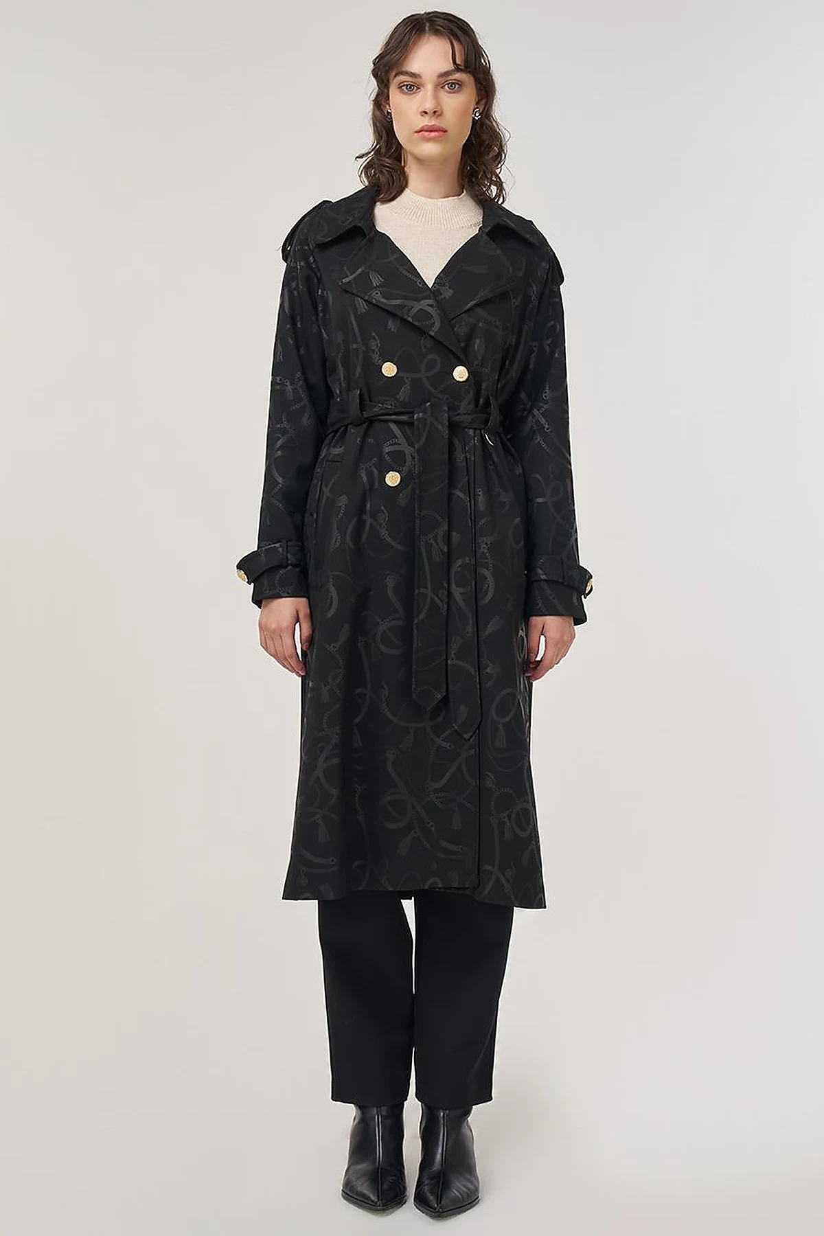 Chain-Pattern Belted Trench Coat – Black