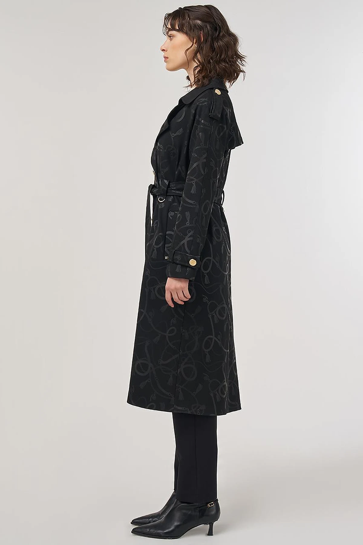 Chain-Pattern Belted Trench Coat – Black