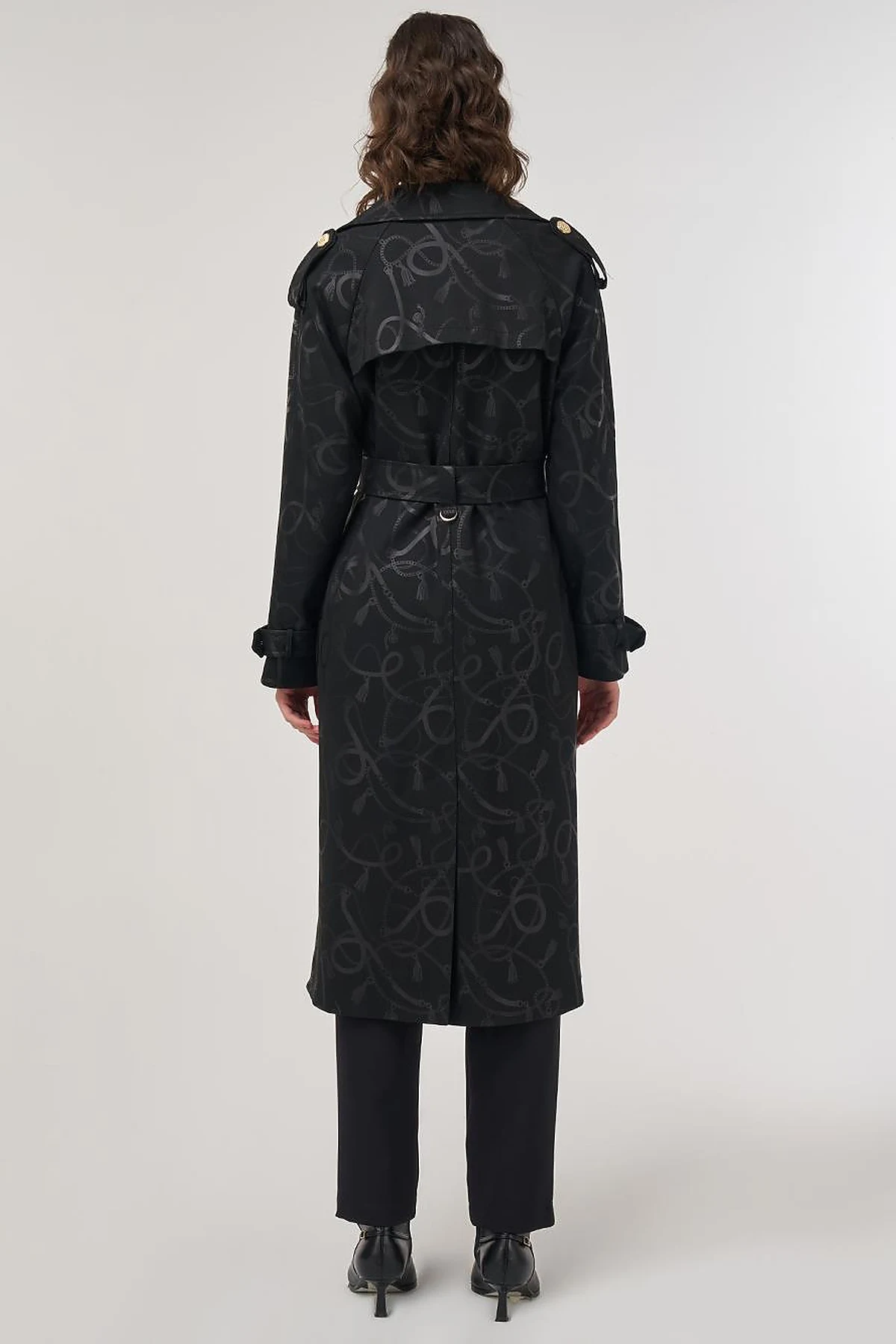 Chain-Pattern Belted Trench Coat – Black