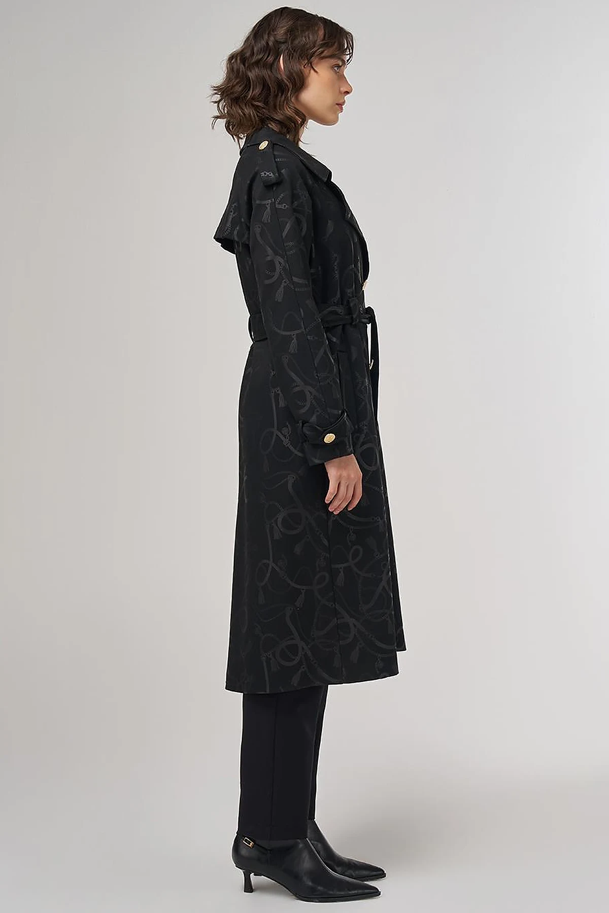 Chain-Pattern Belted Trench Coat – Black