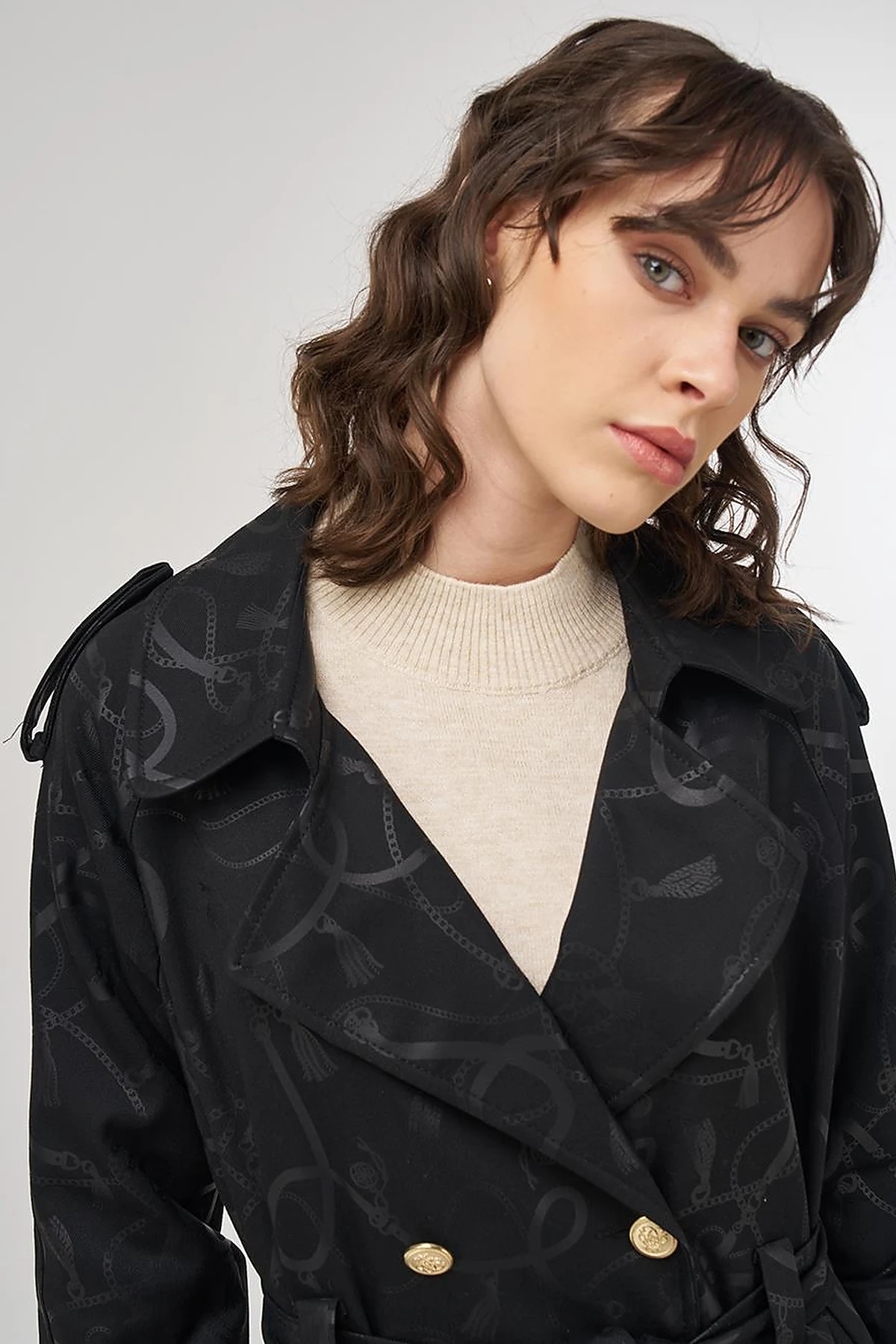Chain-Pattern Belted Trench Coat – Black