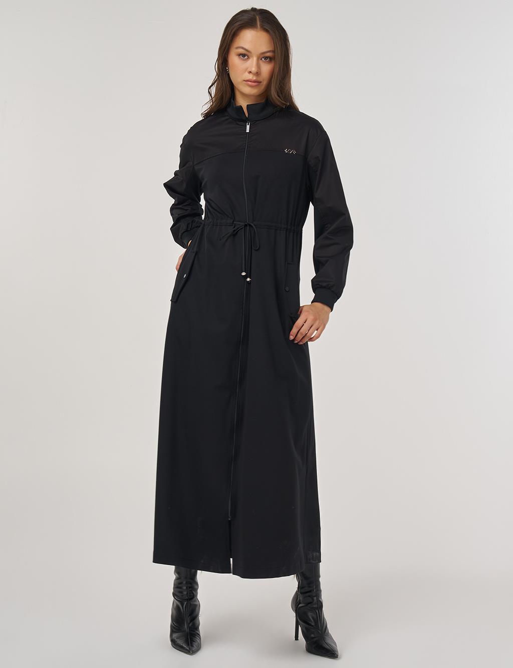 Drawstring Waist Rayon Dress – Black