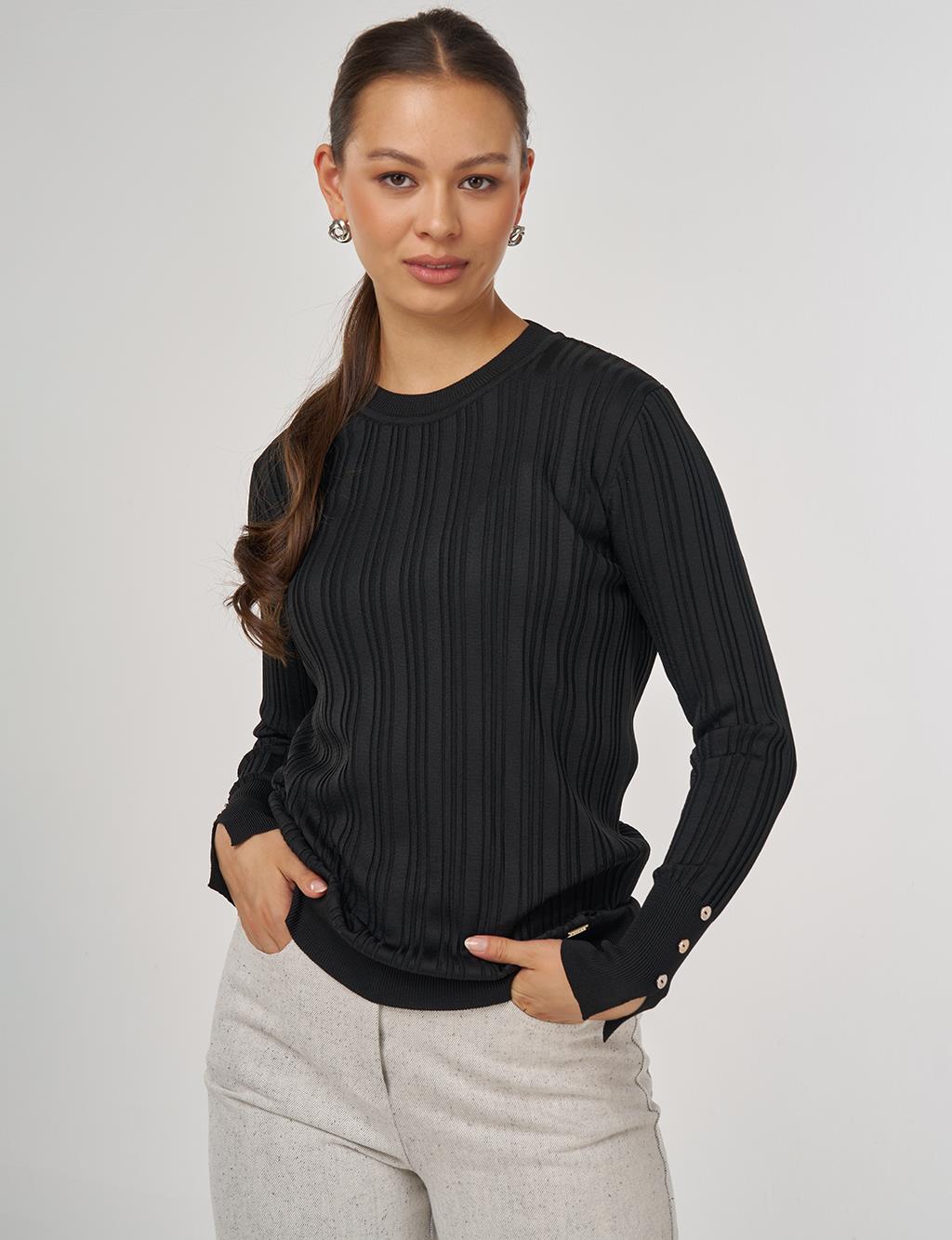 Aksesuar Düğmeli Triko Kazak Siyah 