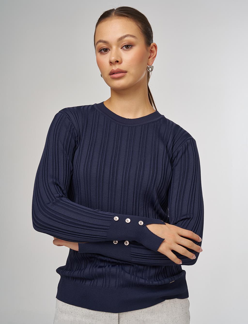 Aksesuar Düğmeli Triko Kazak Lacivert