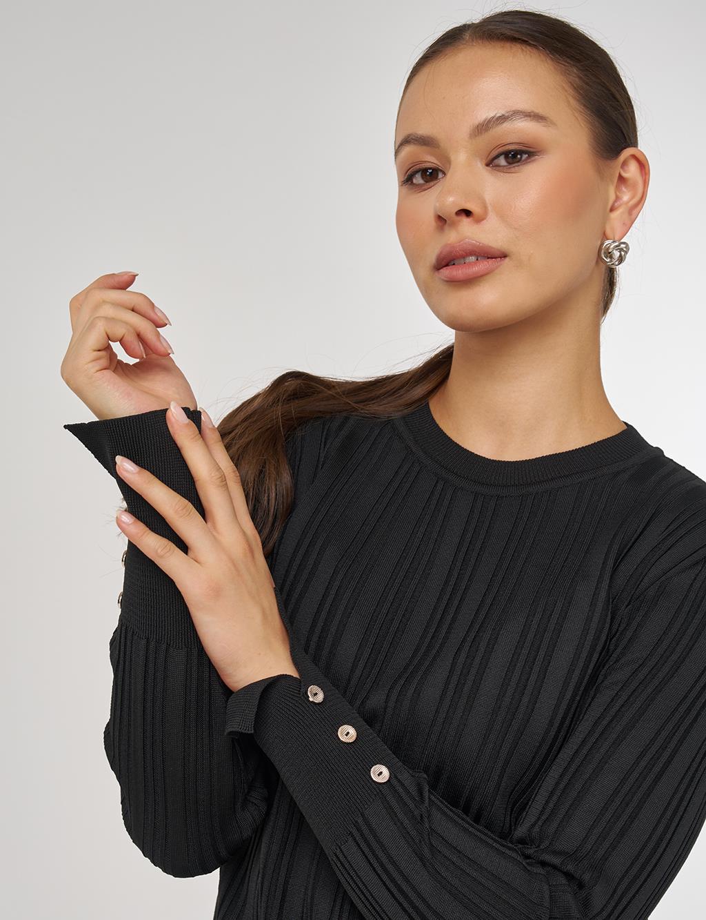 Aksesuar Düğmeli Triko Kazak Siyah 