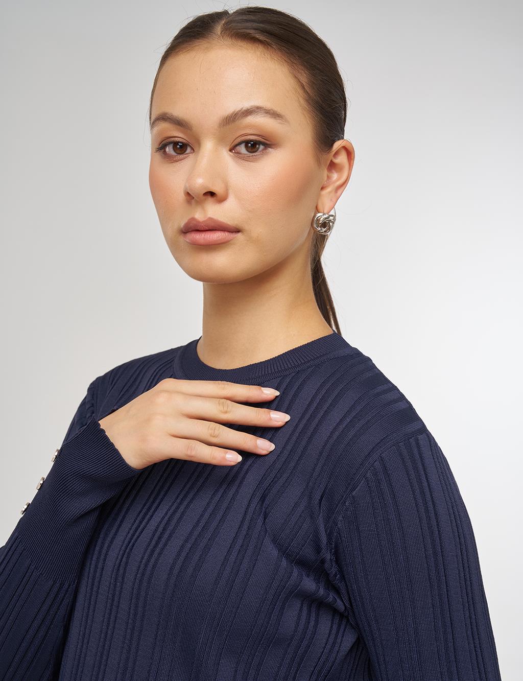 Aksesuar Düğmeli Triko Kazak Lacivert