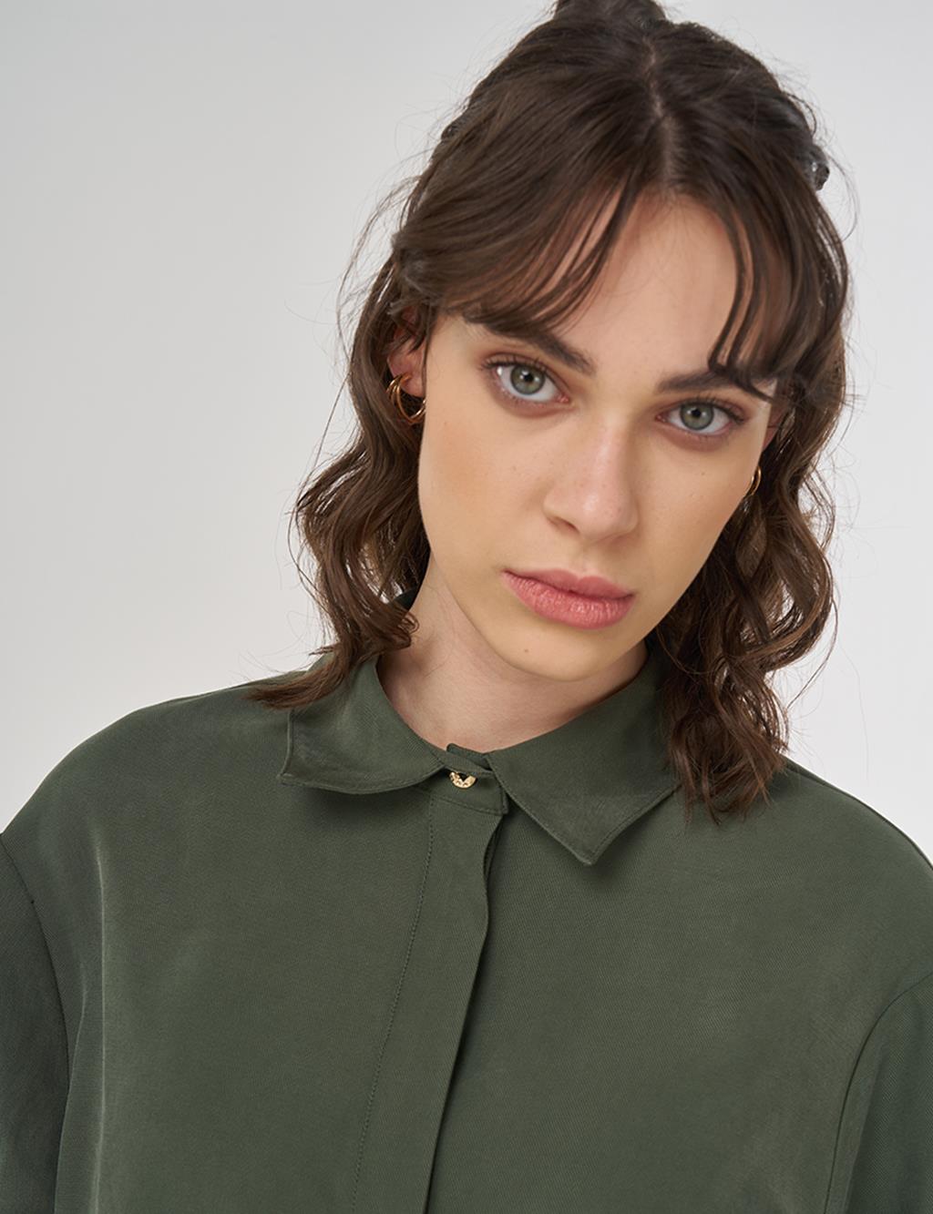 Hidden Placket Rayon Blouse in Forest Green