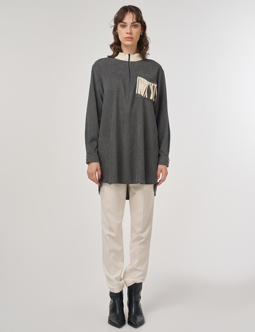 Tassel-Detail Stand Collar Velvet Tunic – Khaki