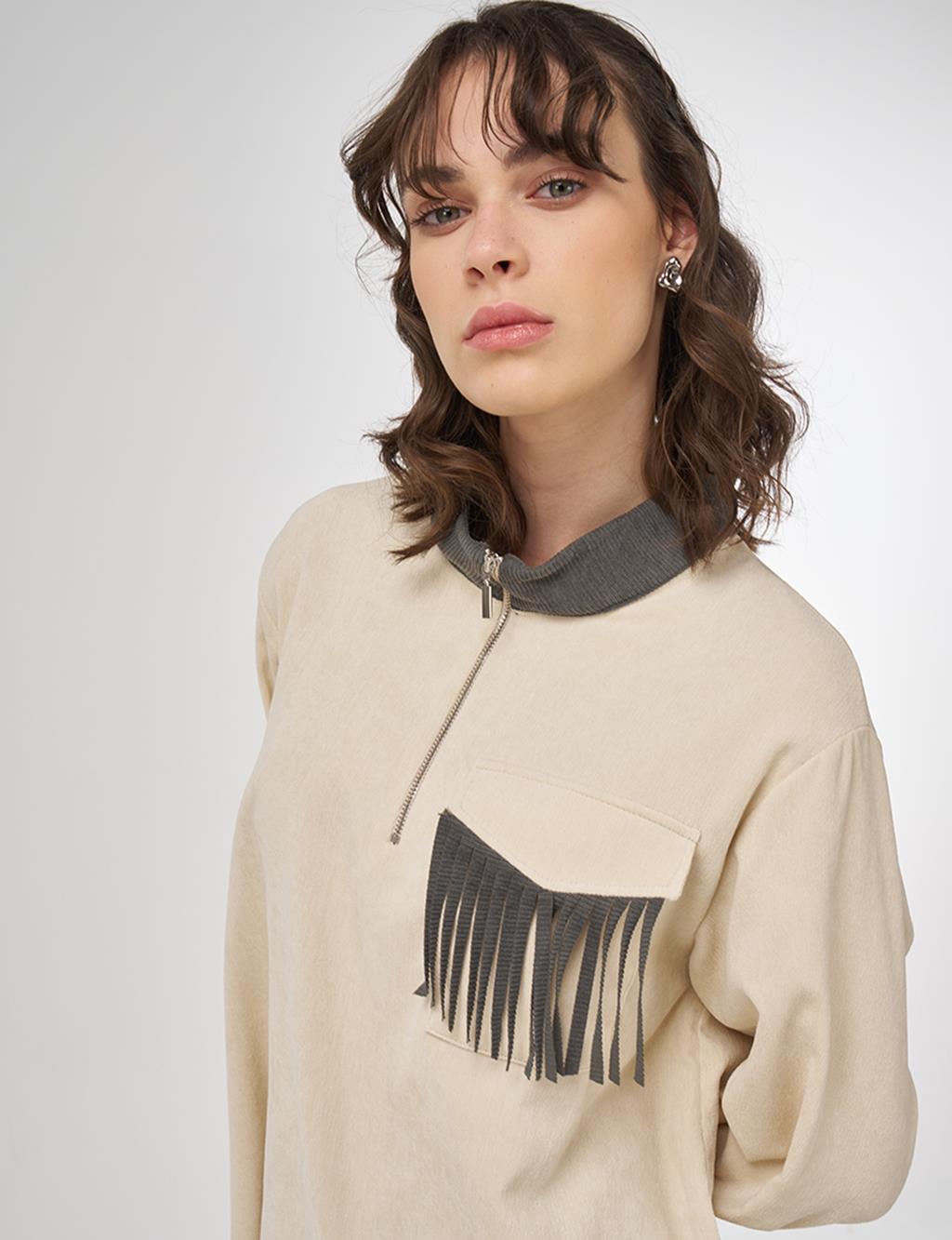 Tassel-Detail Stand Collar Velvet Tunic - Cream 