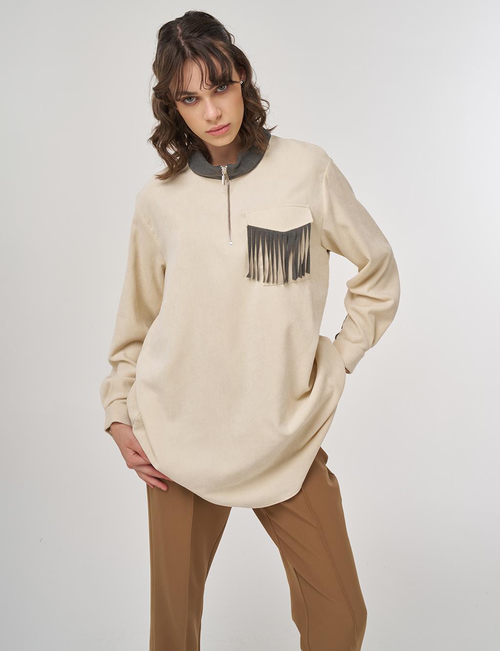 Tassel-Detail Stand Collar Velvet Tunic - Cream 