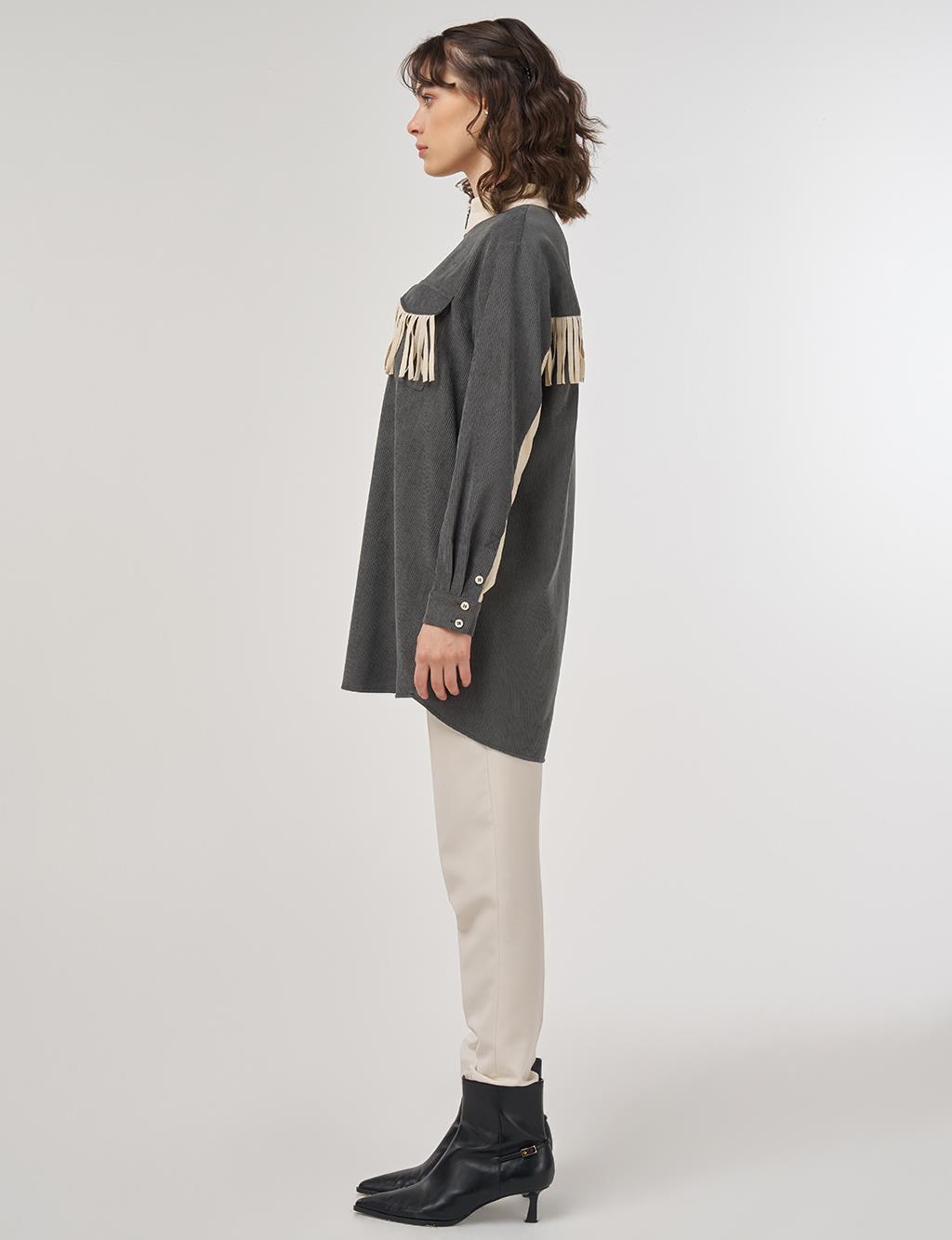 Tassel-Detail Stand Collar Velvet Tunic – Khaki