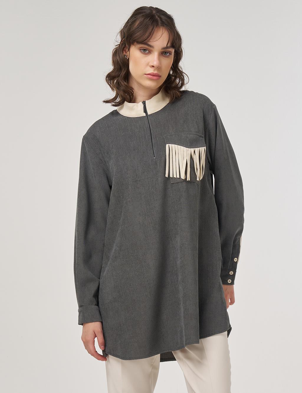 Tassel-Detail Stand Collar Velvet Tunic – Khaki