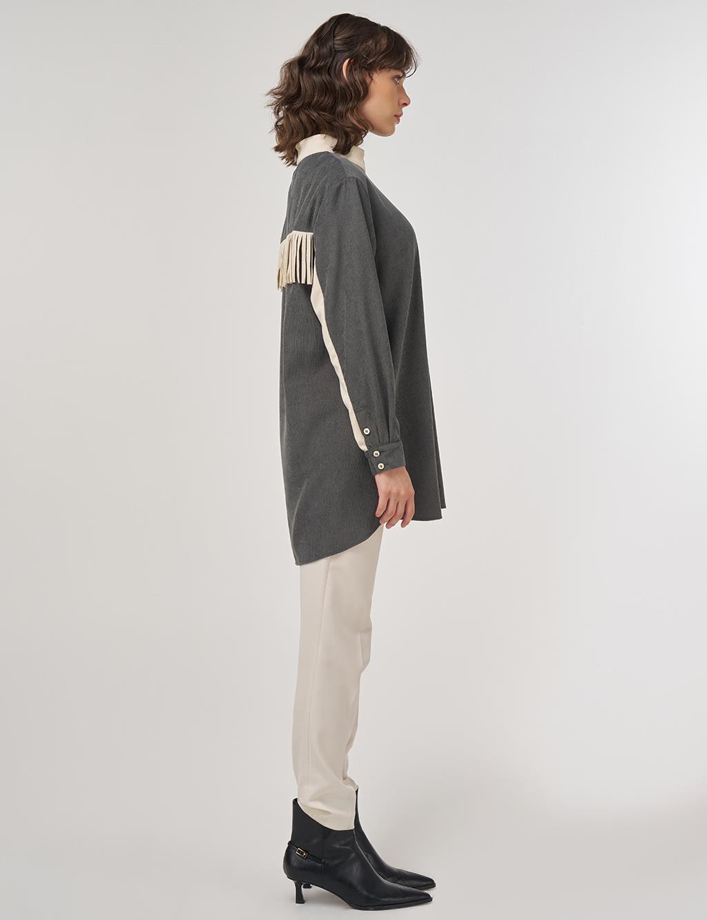 Tassel-Detail Stand Collar Velvet Tunic – Khaki
