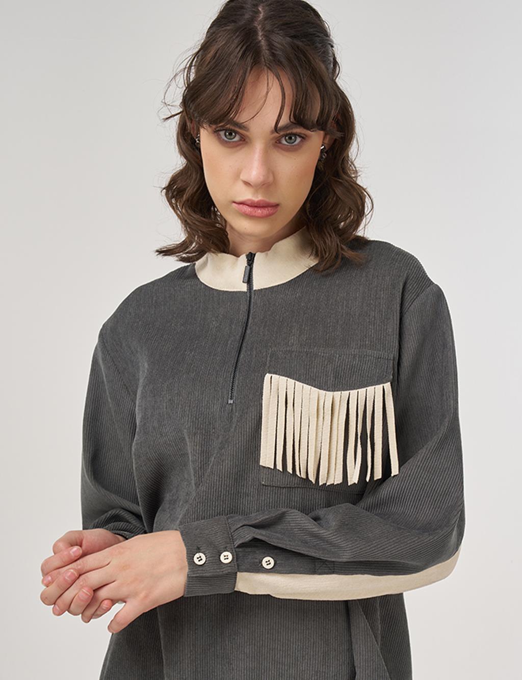 Tassel-Detail Stand Collar Velvet Tunic – Khaki