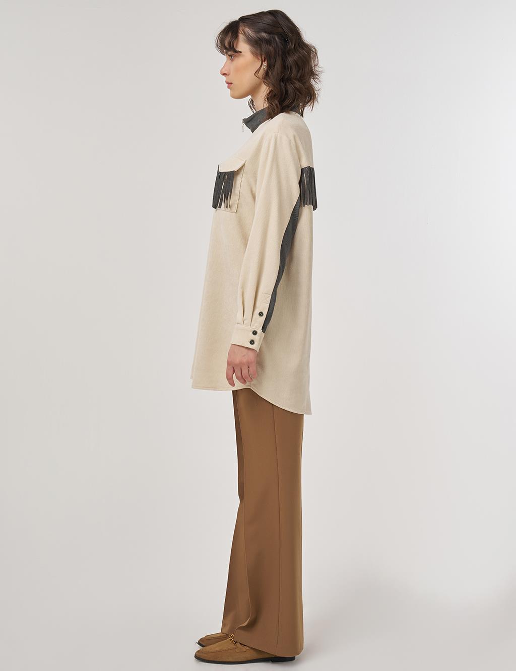 Tassel-Detail Stand Collar Velvet Tunic - Cream 