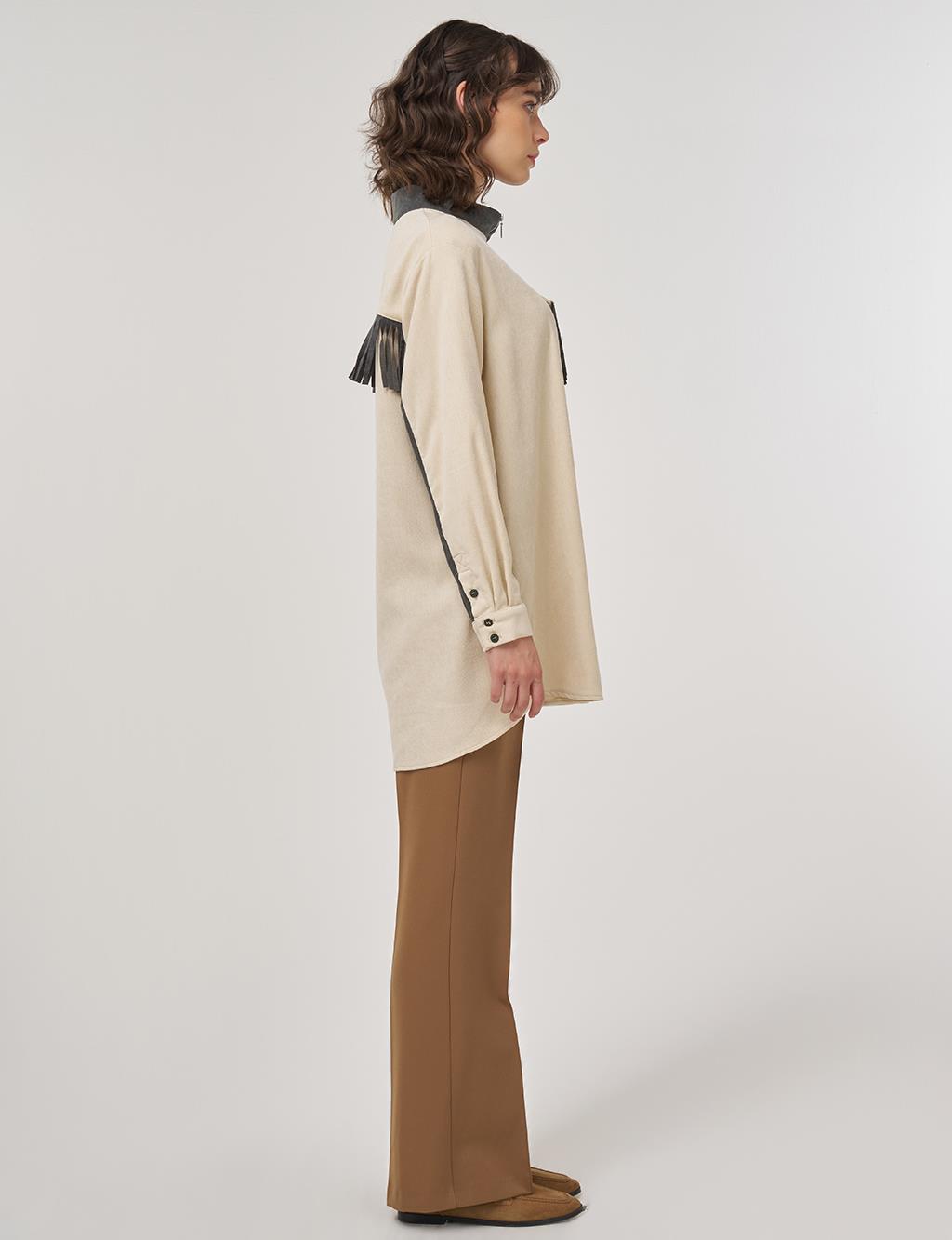Tassel-Detail Stand Collar Velvet Tunic - Cream 