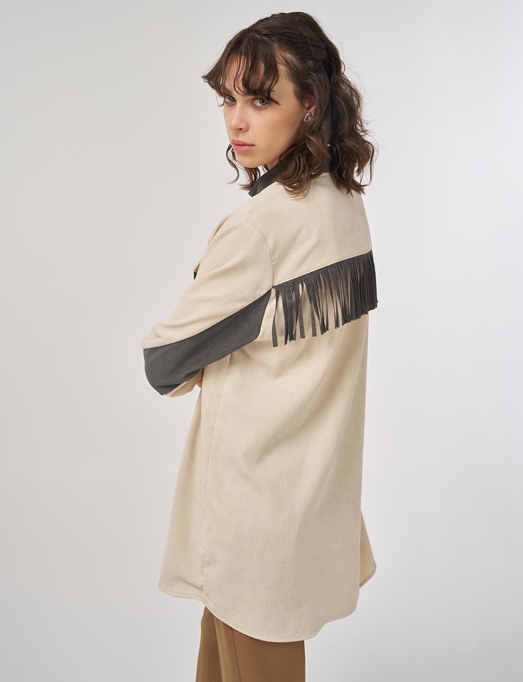 Tassel-Detail Stand Collar Velvet Tunic - Cream 