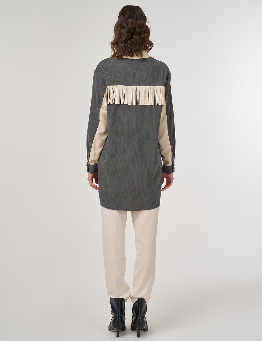 Tassel-Detail Stand Collar Velvet Tunic – Khaki