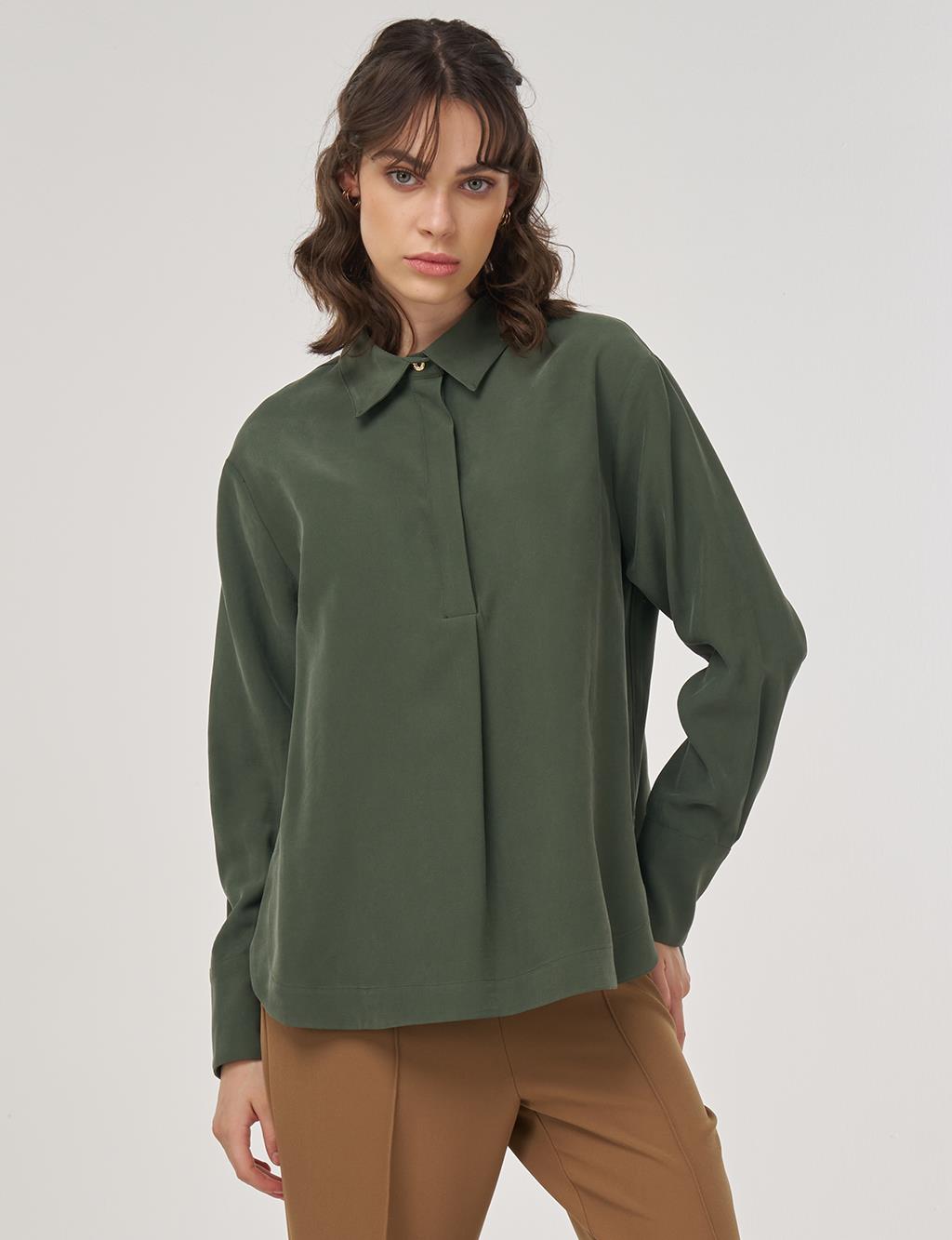 Hidden Placket Rayon Blouse in Forest Green
