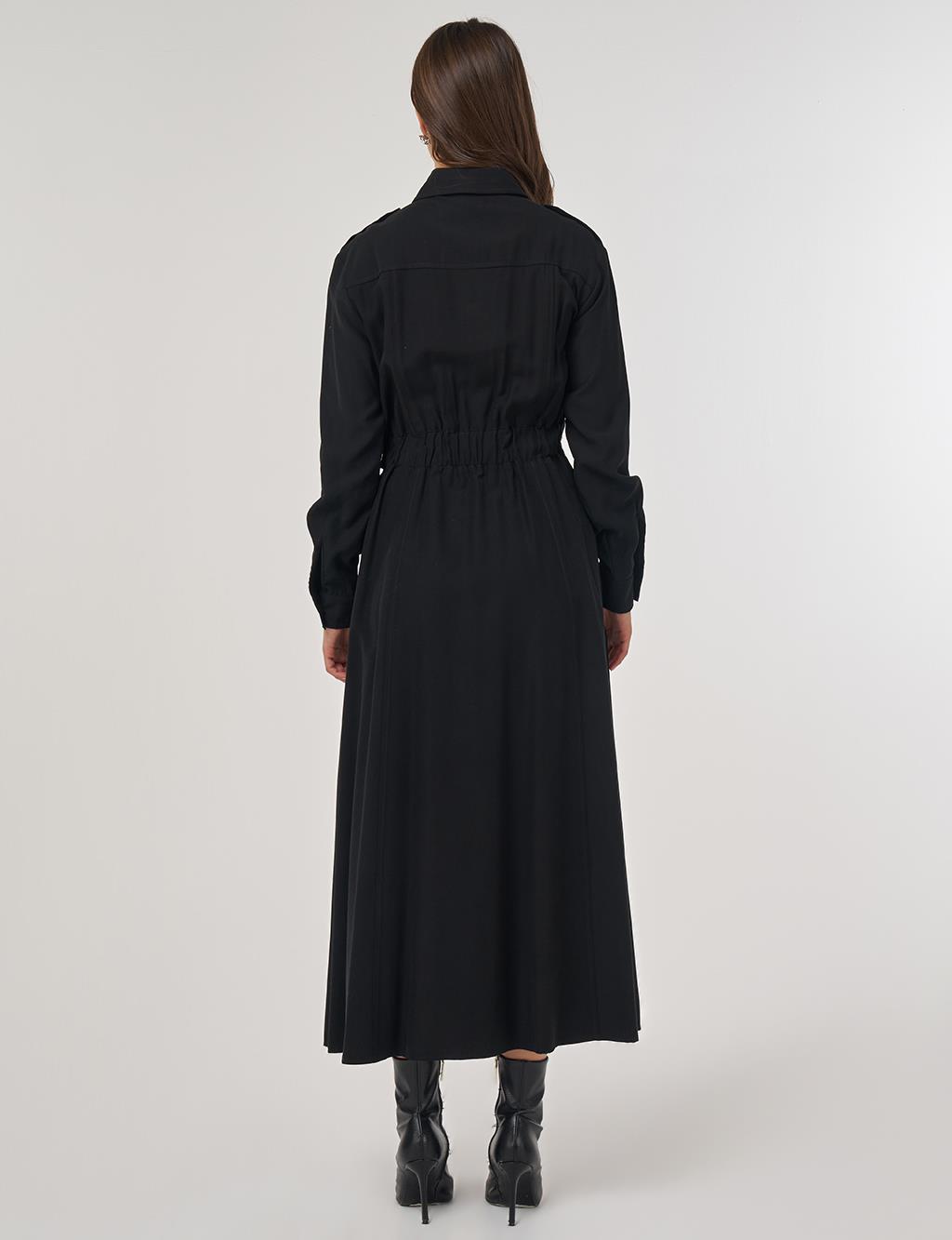 Pocket-Detail Rayon Dress – Black