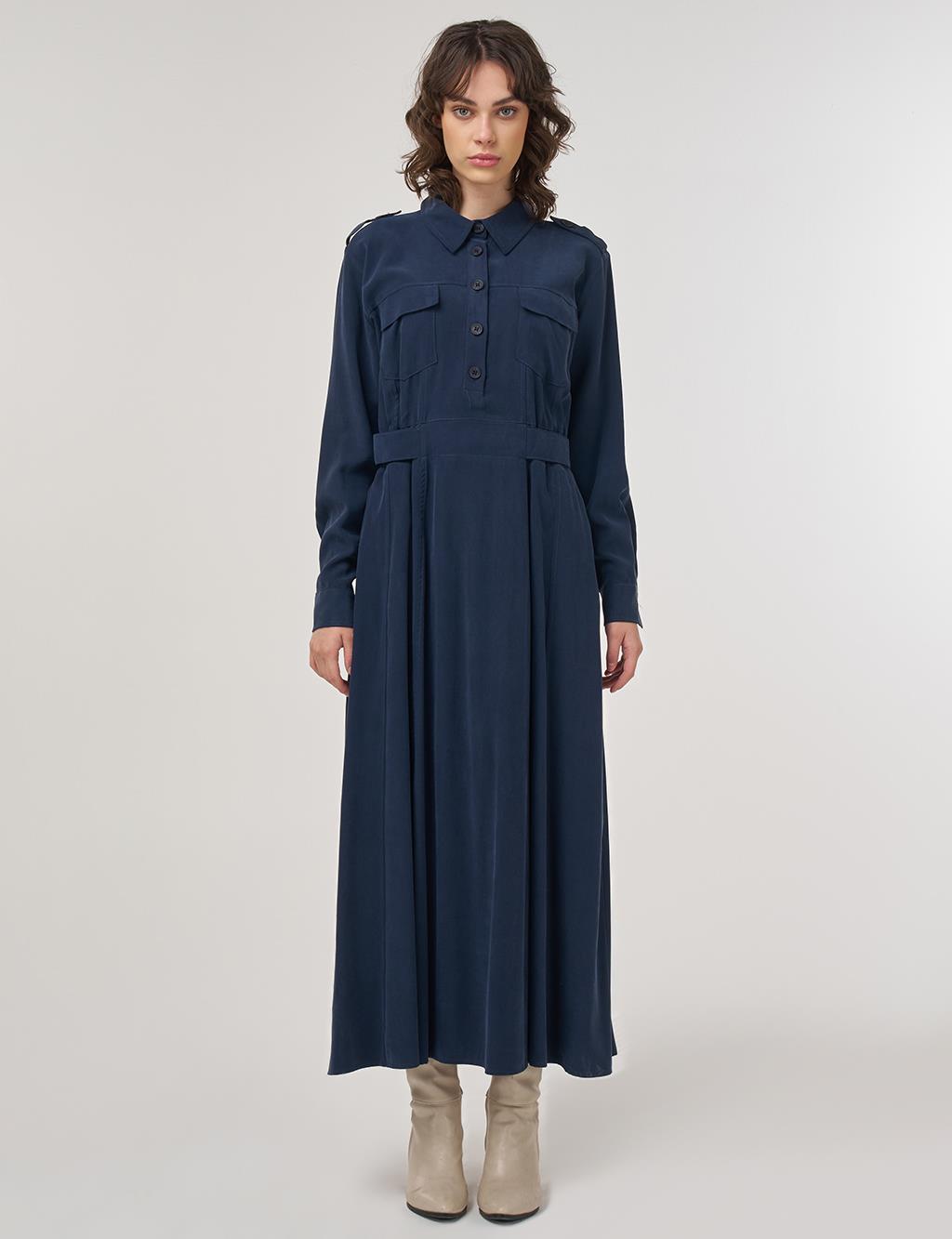 Pocket-Detail Rayon Dress – Dark Navy 