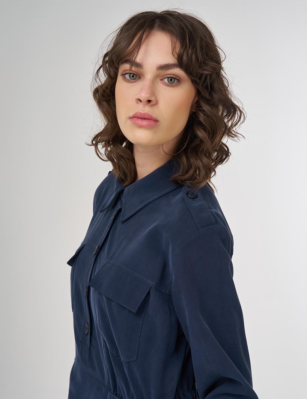 Pocket-Detail Rayon Dress – Dark Navy 