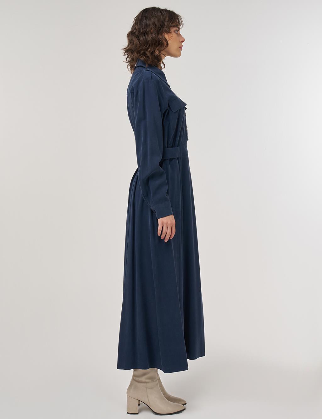 Pocket-Detail Rayon Dress – Dark Navy 