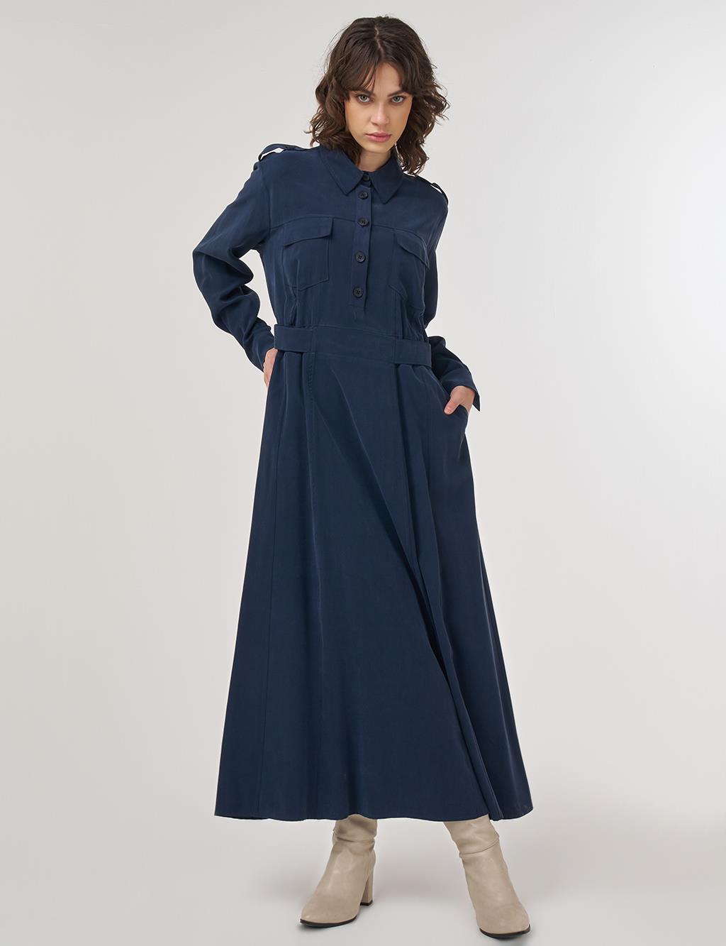 Pocket-Detail Rayon Dress – Dark Navy 