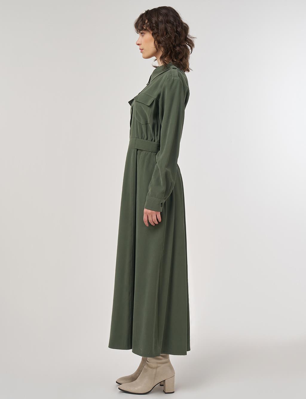 Pocket-Detail Rayon Dress – Forest Green