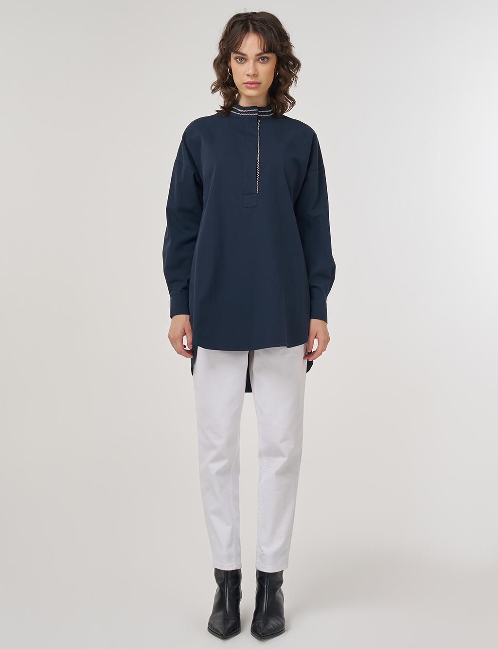 100% Cotton Tunic with Bead Embroidery Dark Navy 