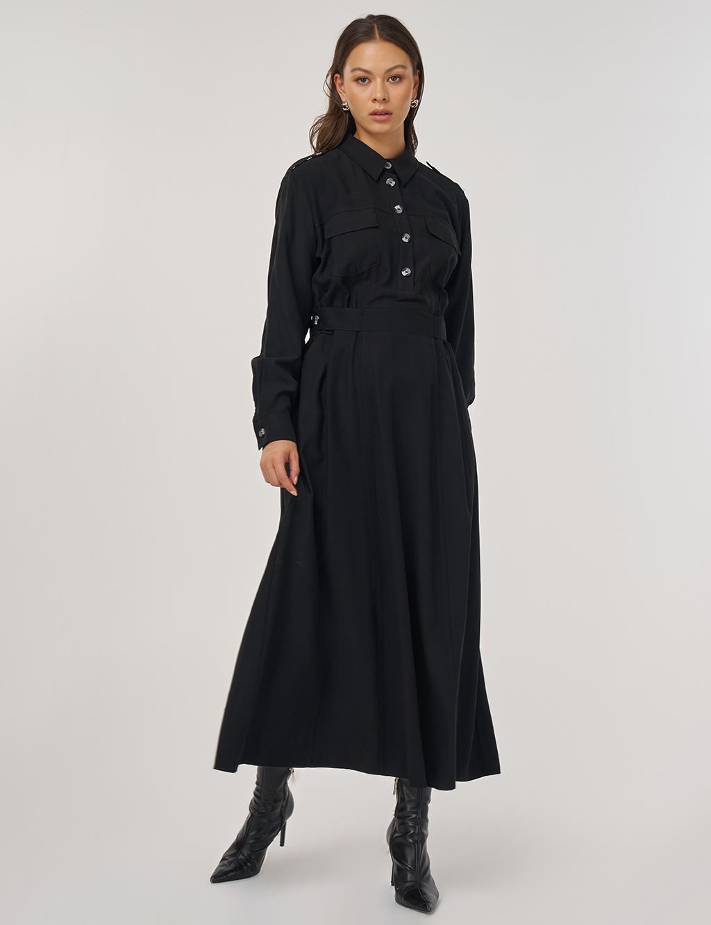 Pocket-Detail Rayon Dress – Black