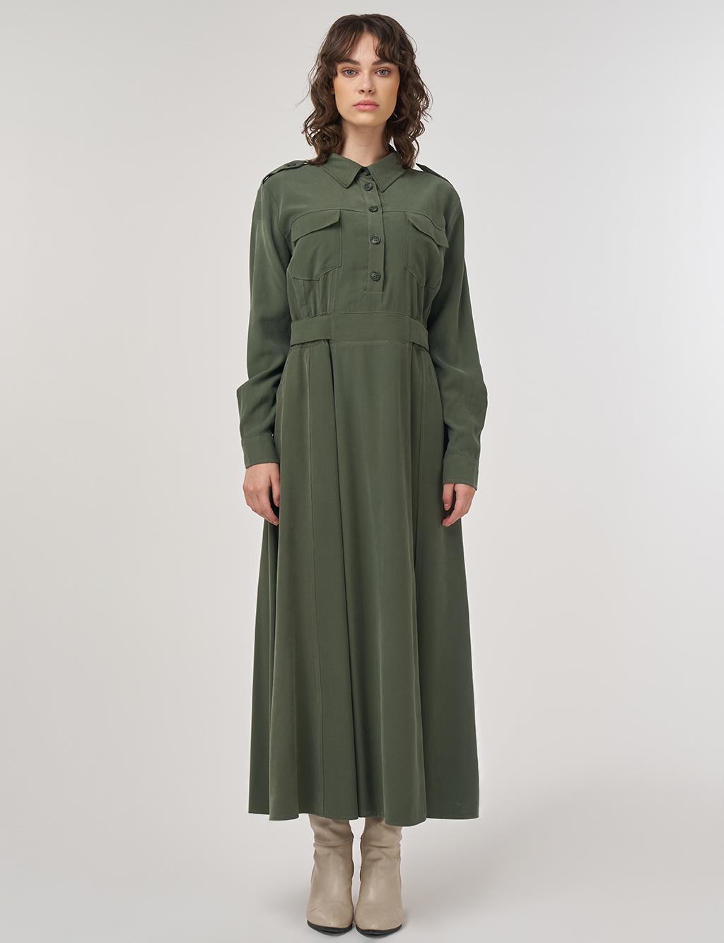 Pocket-Detail Rayon Dress – Forest Green