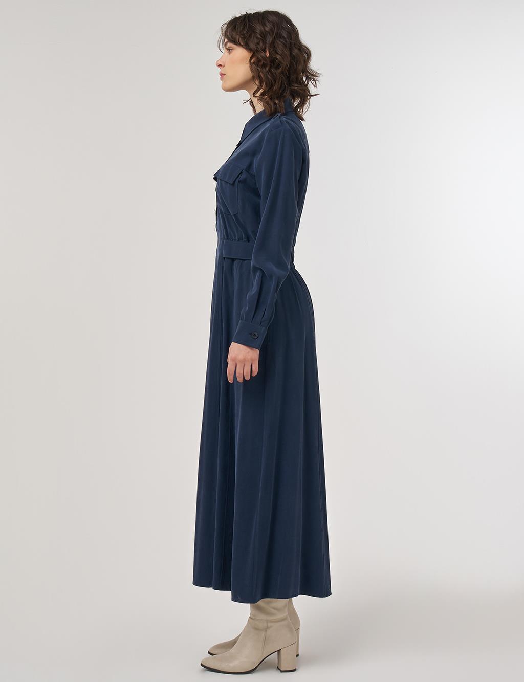 Pocket-Detail Rayon Dress – Dark Navy 