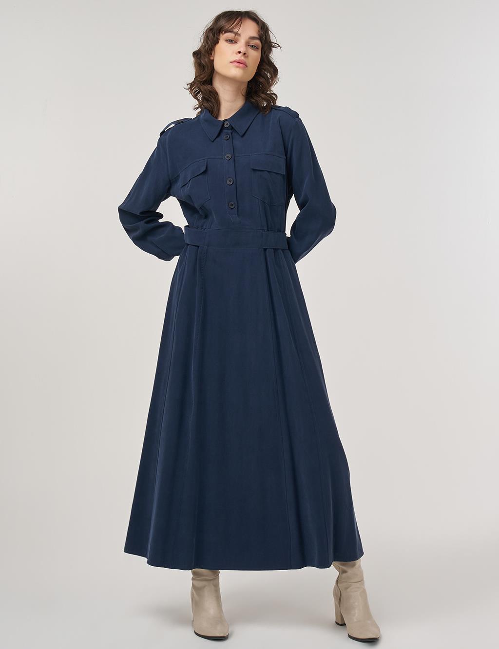 Pocket-Detail Rayon Dress – Dark Navy 