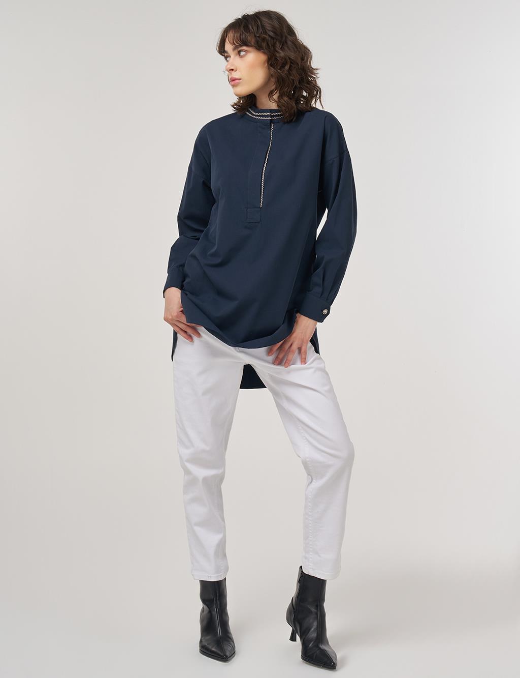 100% Cotton Tunic with Bead Embroidery Dark Navy 