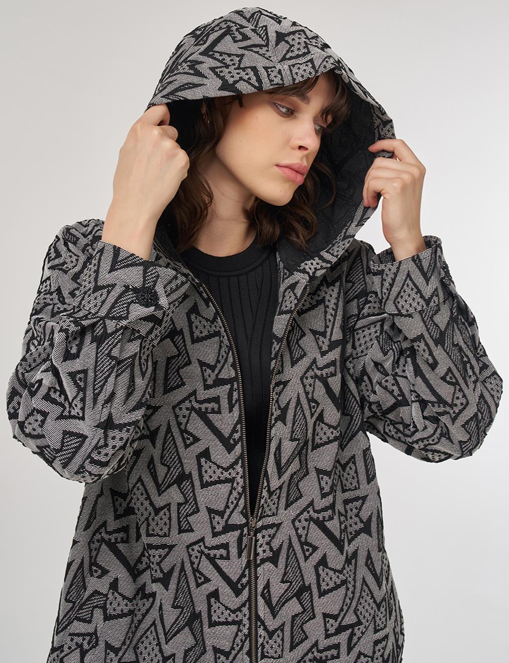 Abstract Pattern Hooded Jacket – Black