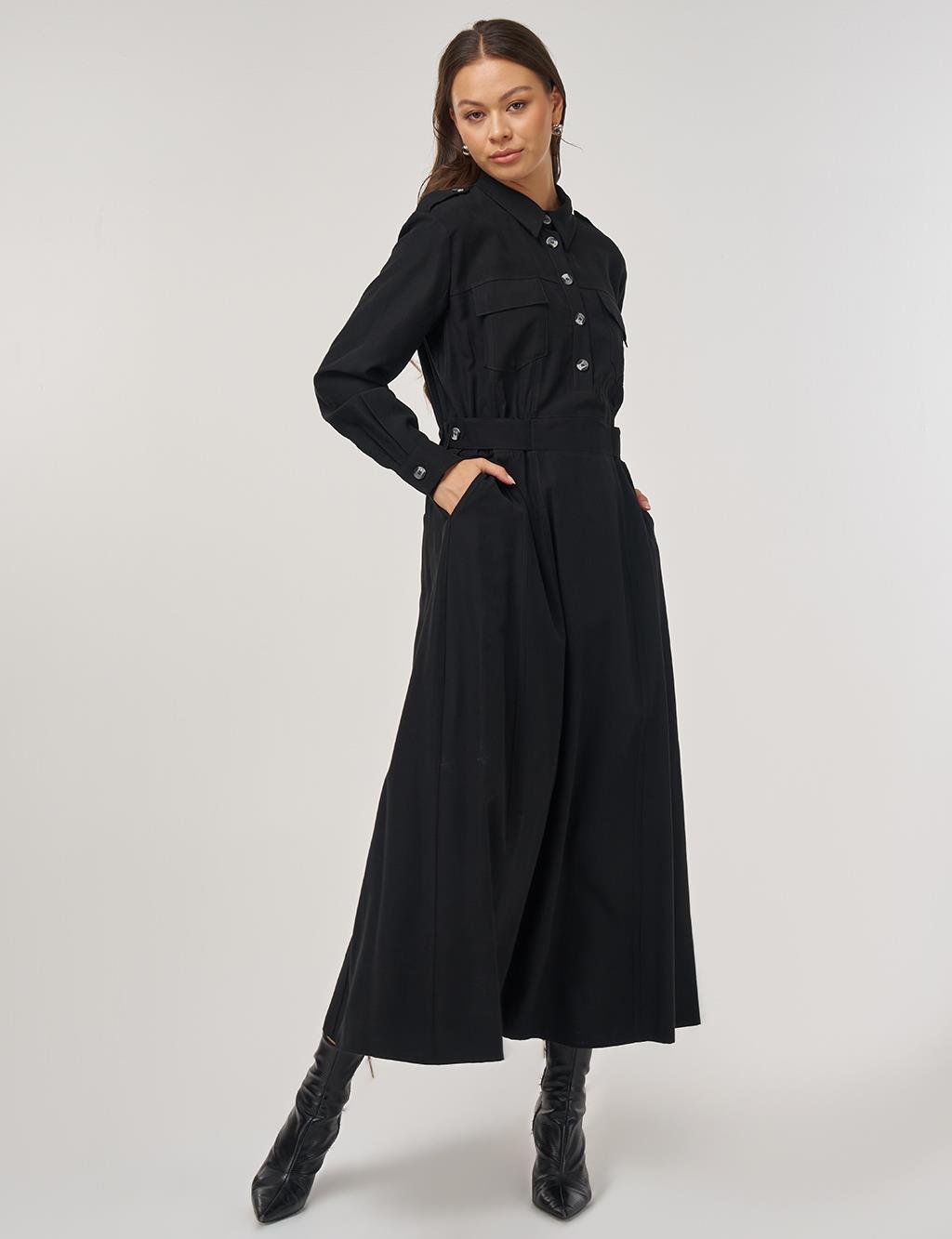 Pocket-Detail Rayon Dress – Black