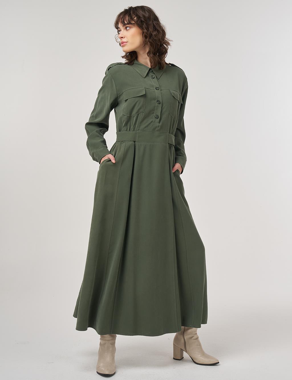 Pocket-Detail Rayon Dress – Forest Green