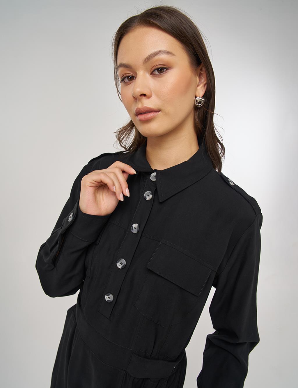 Pocket-Detail Rayon Dress – Black