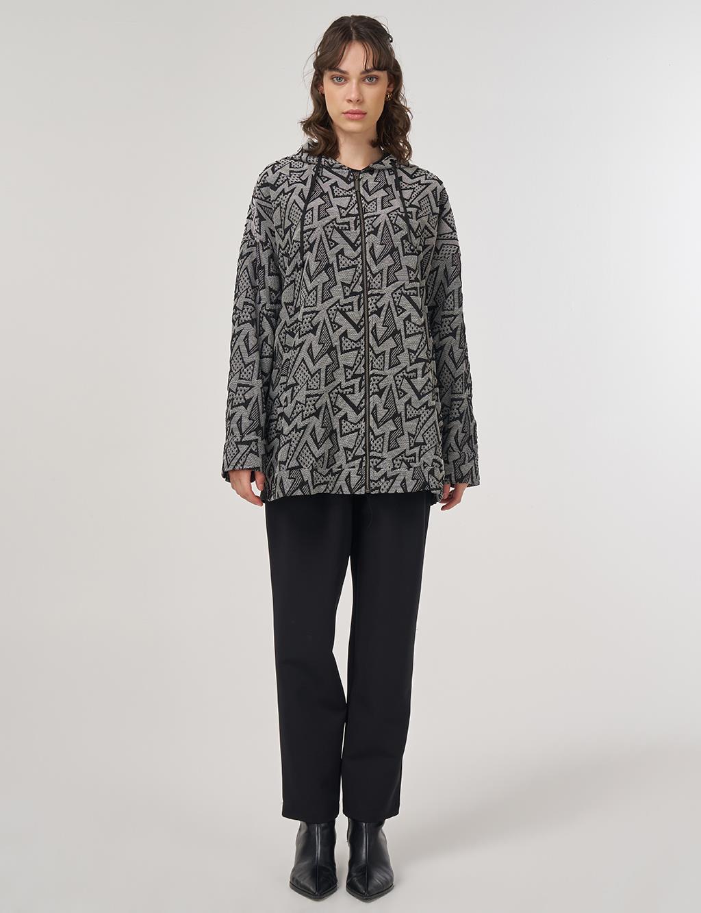 Abstract Pattern Hooded Jacket – Black