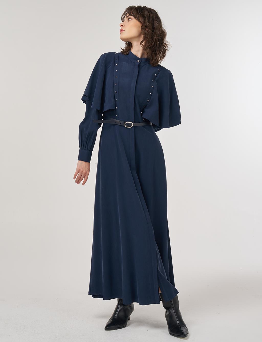 Belted Maxi Rayon Dress Dark Navy