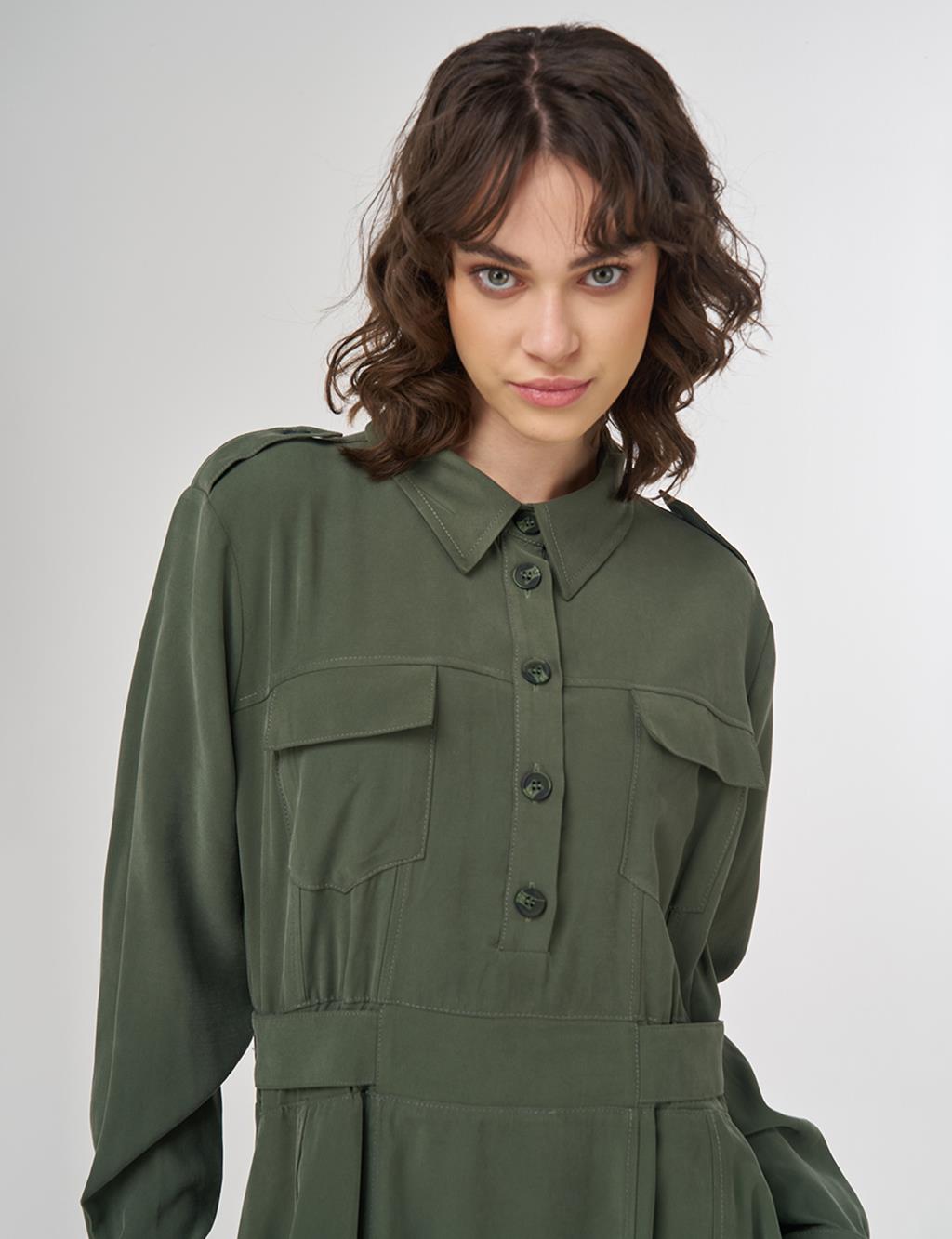 Pocket-Detail Rayon Dress – Forest Green