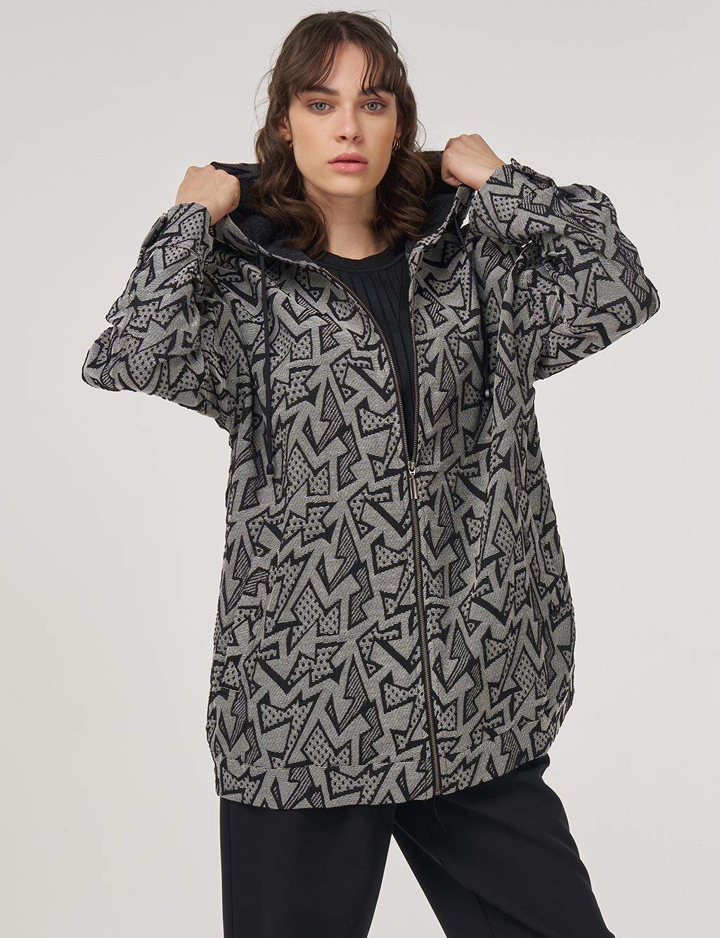 Abstract Pattern Hooded Jacket – Black