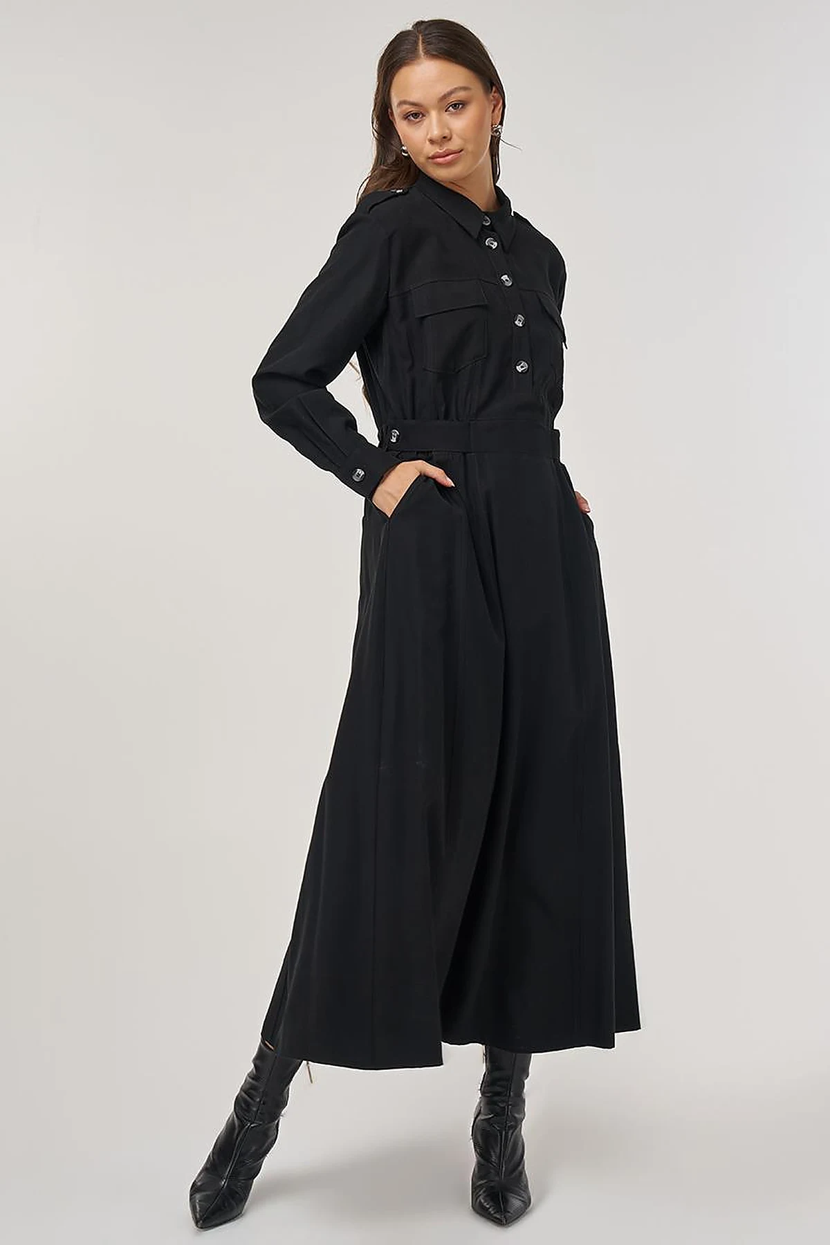 Pocket-Detail Rayon Dress – Black
