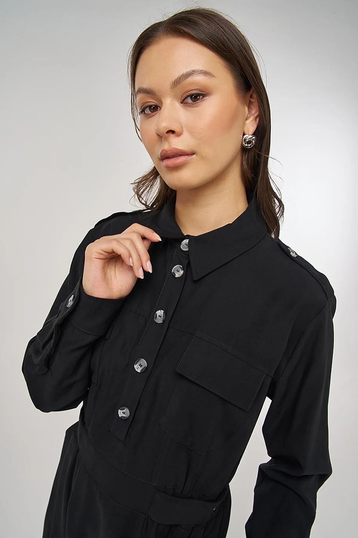 Pocket-Detail Rayon Dress – Black