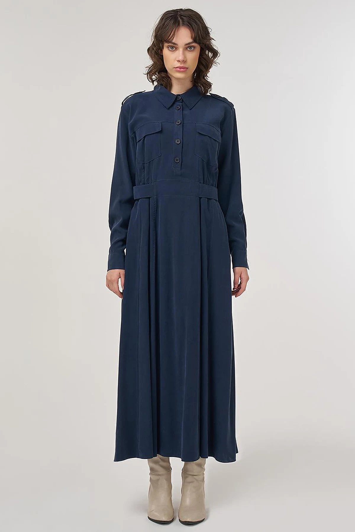 Pocket-Detail Rayon Dress – Dark Navy 